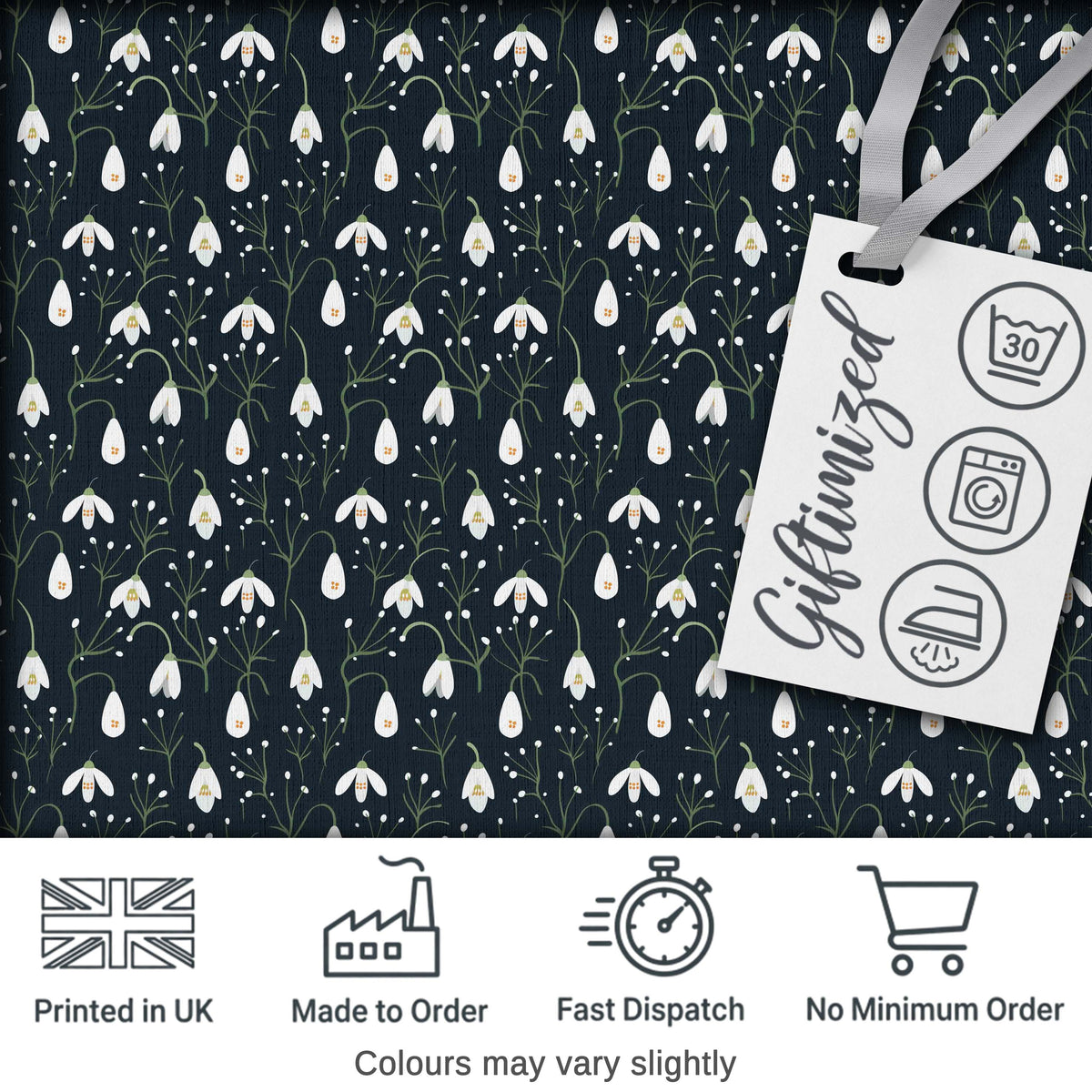 Minimal Snowdrop Floral Pattern on Dark Blue Background Seamless Design Digital Print Fabric by the Metre UK Sewing Quilting Textile
