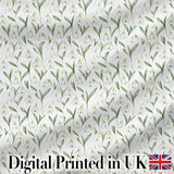 Elegant Snowdrop Flowers with Green Leaves Seamless Pattern White Background Digital Print Fabric by the Metre UK Sewing Quilting Textile