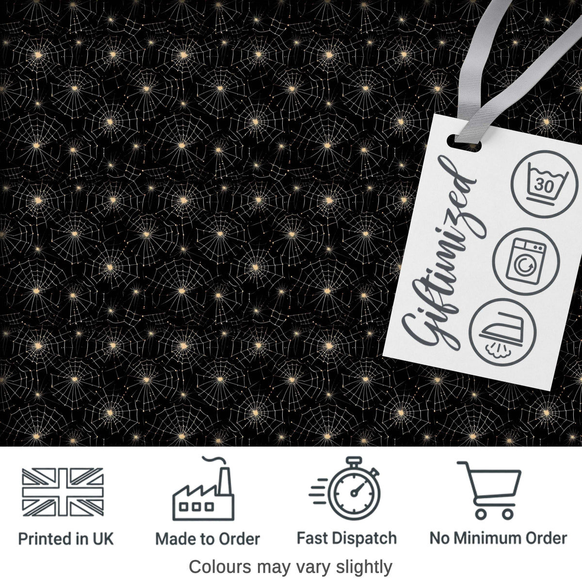 Elegant Gold Spider Web Pattern on Black Background Seamless Night Design Digital Print Fabric by the Metre UK Sewing Quilting Textile