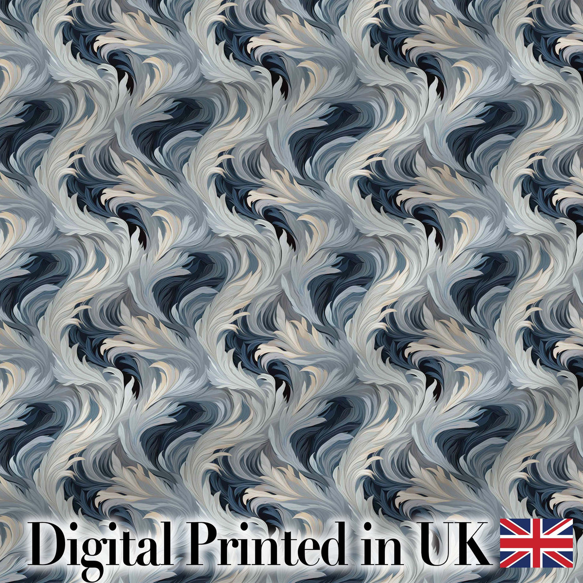 Blue Grey Abstract Feather Swirl Pattern Seamless Modern Artistic Design Digital Print Fabric by the Metre UK Sewing Quilting Textile