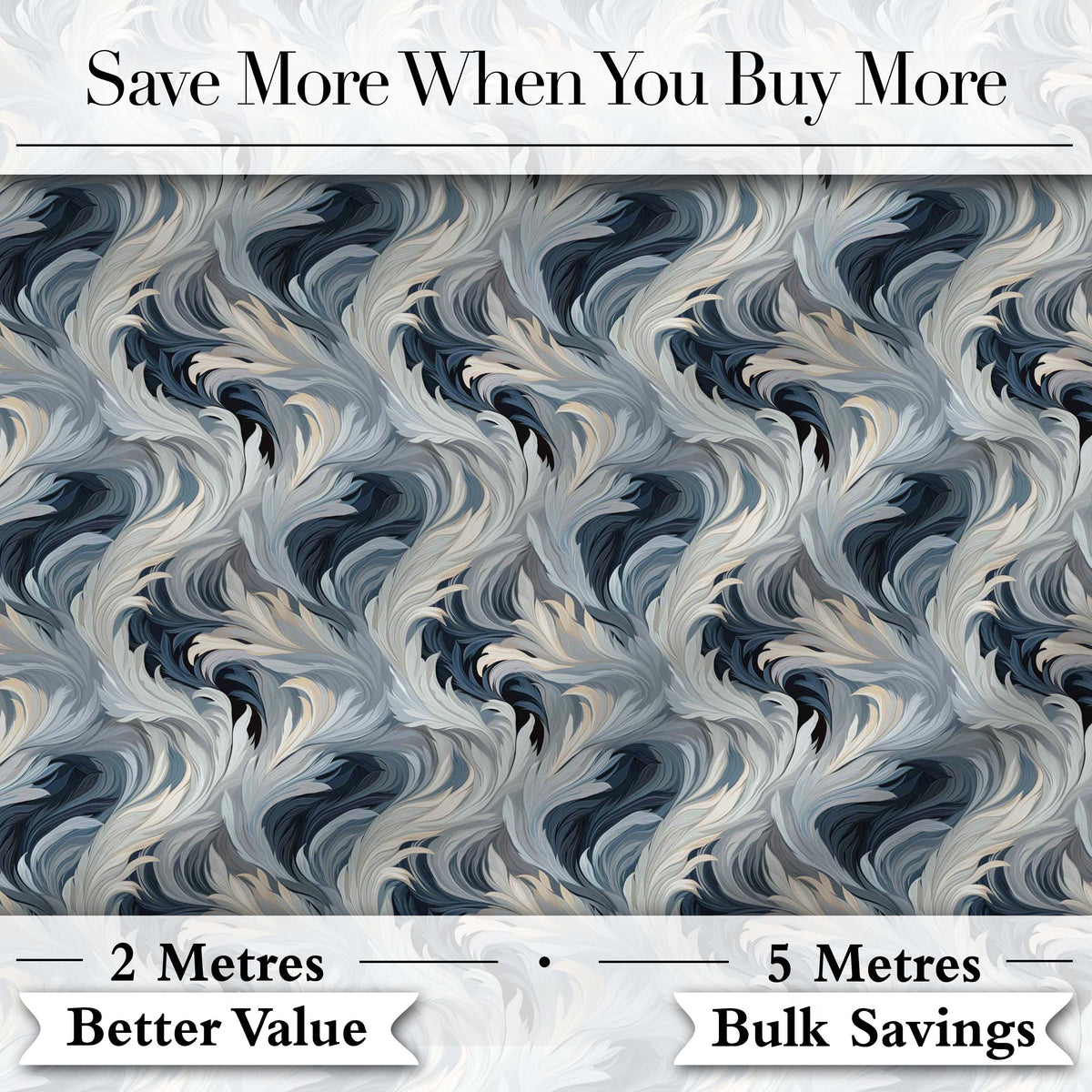 Blue Grey Abstract Feather Swirl Pattern Seamless Modern Artistic Design Digital Print Fabric by the Metre UK Sewing Quilting Textile