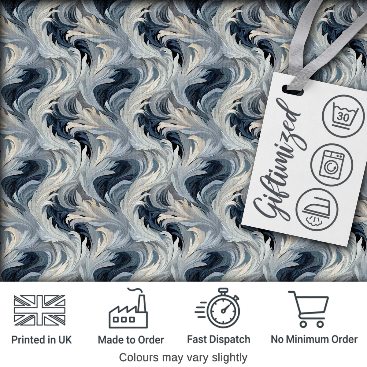 Blue Grey Abstract Feather Swirl Pattern Seamless Modern Artistic Design Digital Print Fabric by the Metre UK Sewing Quilting Textile