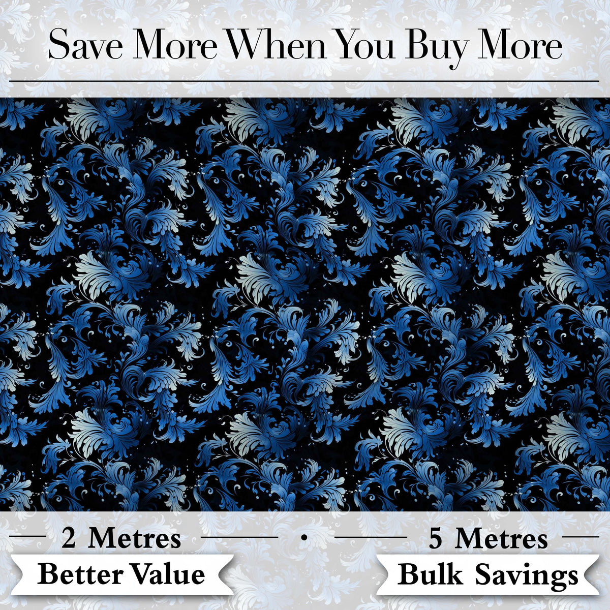 Dark Blue Floral Ornamental Seamless Pattern on Black Background Digital Print Fabric by the Metre UK Sewing Quilting Textile
