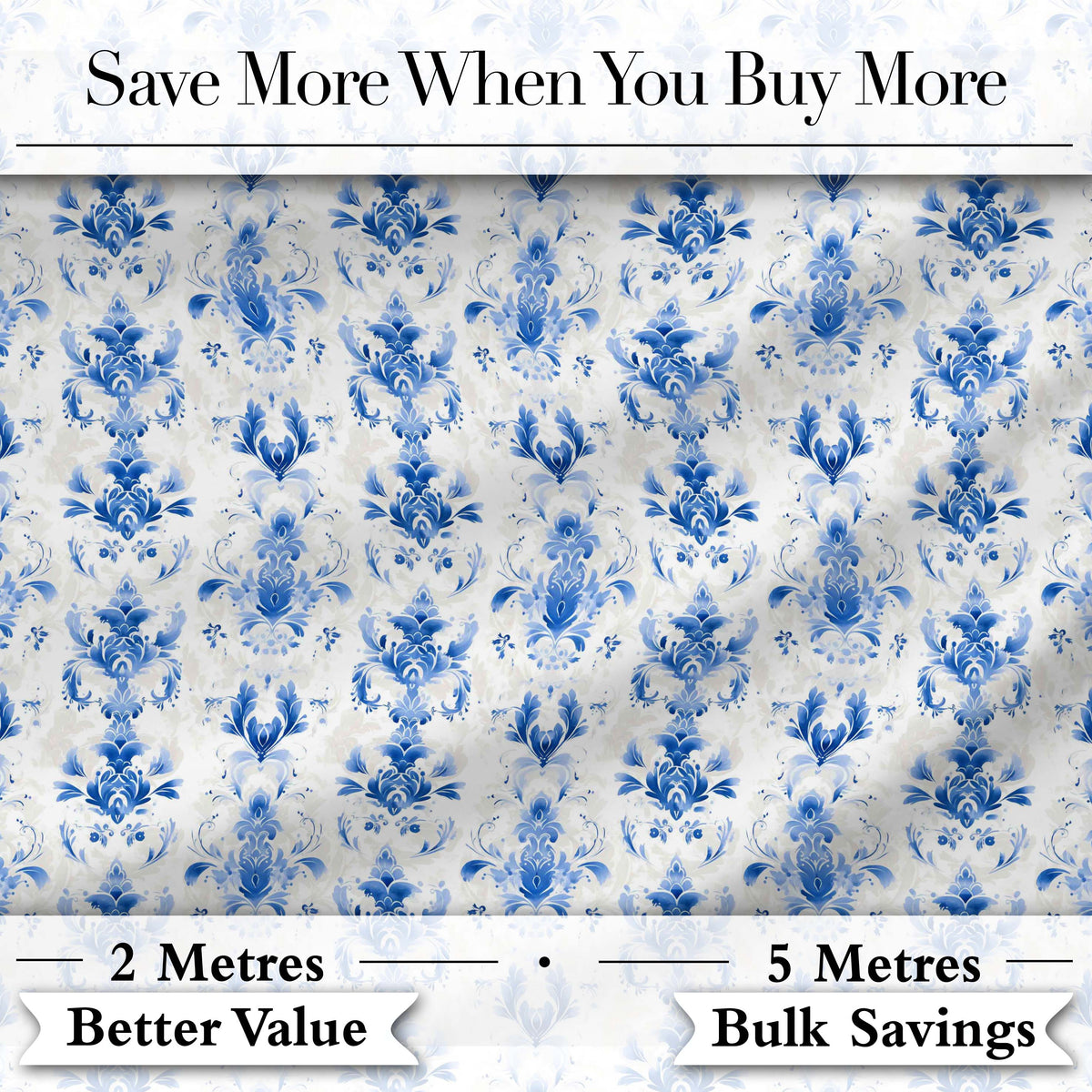 Elegant Blue Damask Symmetrical Floral Seamless Pattern Digital Print Fabric by the Metre UK Sewing Quilting Textile