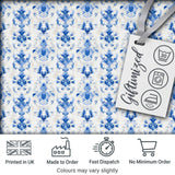 Elegant Blue Damask Symmetrical Floral Seamless Pattern Digital Print Fabric by the Metre UK Sewing Quilting Textile