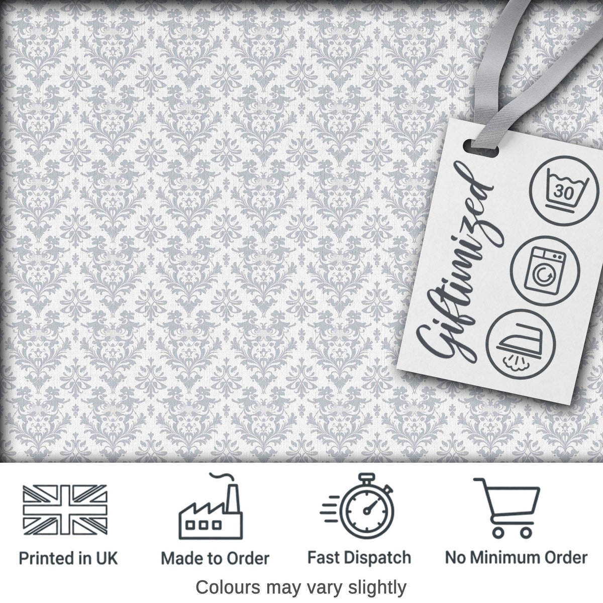 Elegant Grey Damask Vintage Floral Seamless Pattern Digital Print Fabric by the Metre UK Sewing Quilting Textile