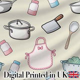 Cute Kitchen Utensils Apron Cooking Seamless Pattern Digital Print Fabric by the Metre UK Sewing Quilting Textile