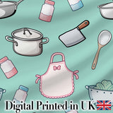 Cute Kitchen Utensils Apron Cooking Teal Seamless Pattern Digital Print Fabric by the Metre UK Sewing Quilting Textile
