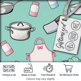 Cute Kitchen Utensils Apron Cooking Teal Seamless Pattern Digital Print Fabric by the Metre UK Sewing Quilting Textile