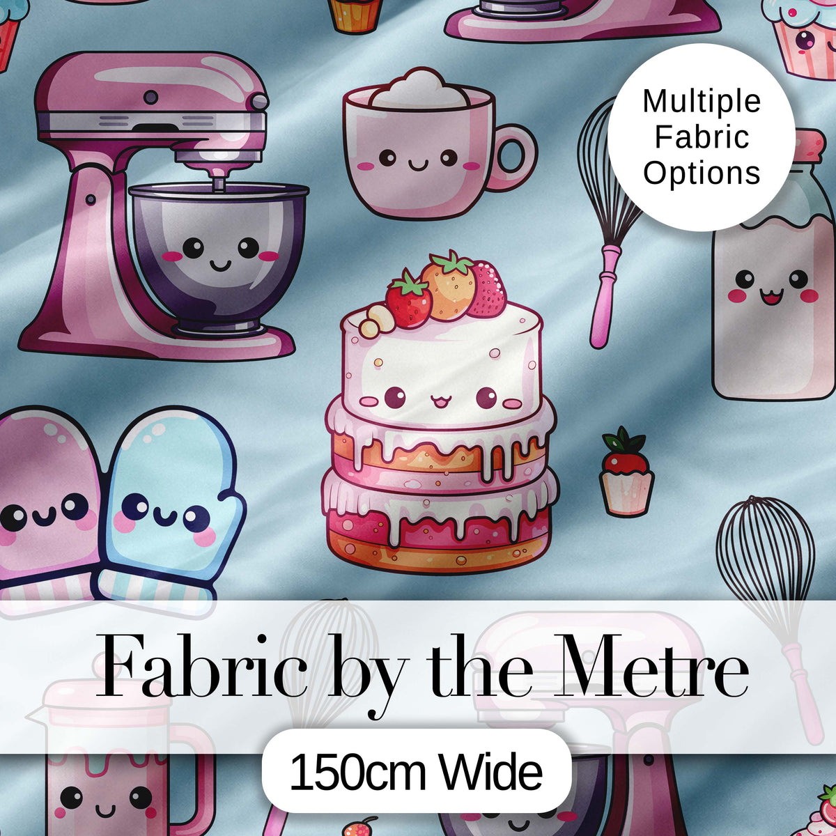 Cute Kawaii Baking Cake Mixer Dessert Seamless Pattern Digital Print Fabric by the Metre UK Sewing Quilting Textile