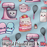 Cute Kawaii Baking Cake Mixer Dessert Seamless Pattern Digital Print Fabric by the Metre UK Sewing Quilting Textile