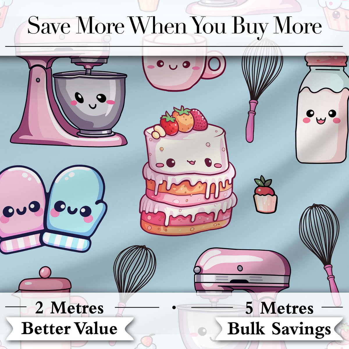 Cute Kawaii Baking Cake Mixer Dessert Seamless Pattern Digital Print Fabric by the Metre UK Sewing Quilting Textile