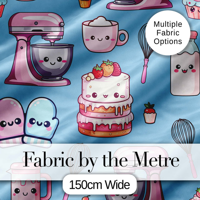 Cute Kawaii Baking Cake Mixer Blue Seamless Pattern Digital Print Fabric by the Metre UK Sewing Quilting Textile
