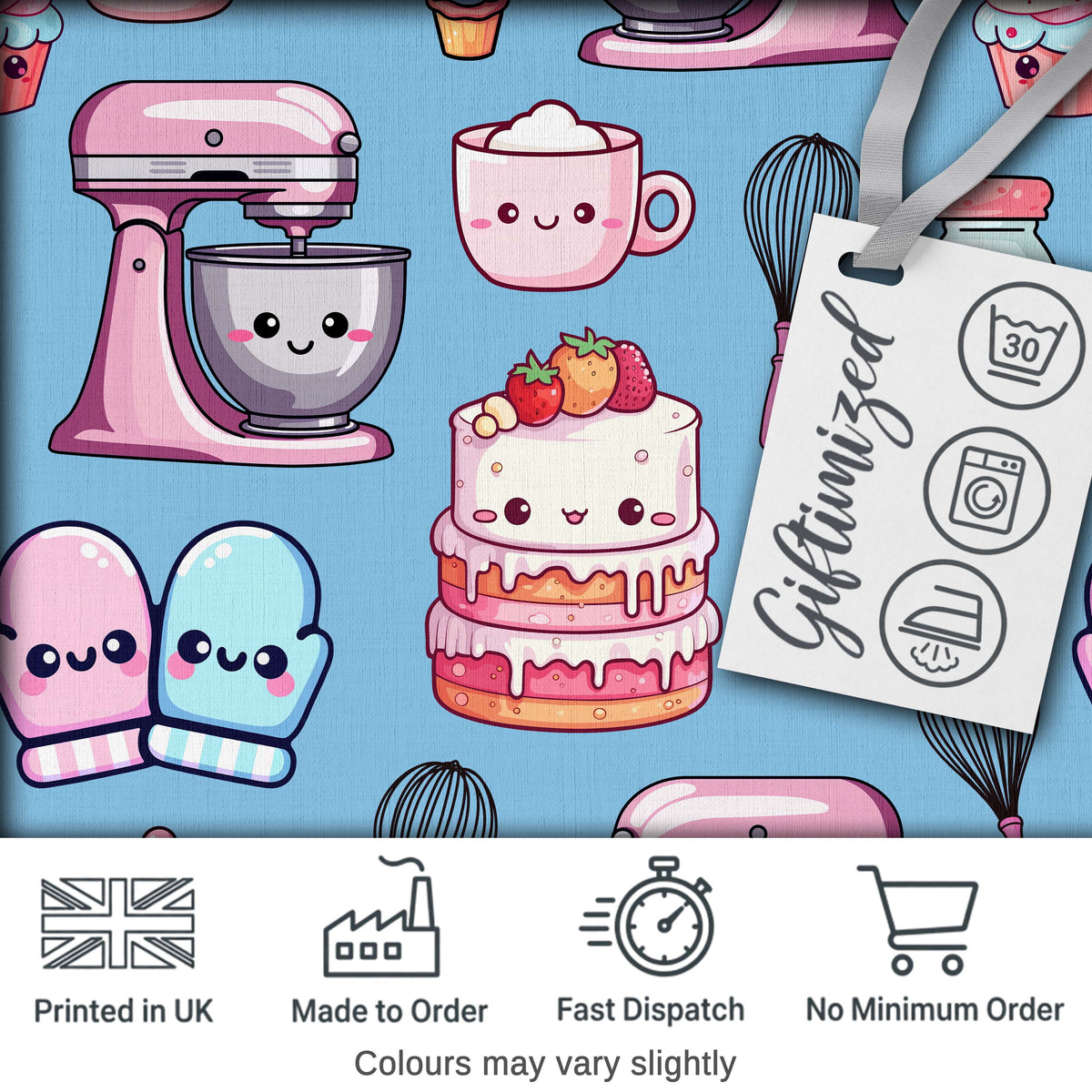 Cute Kawaii Baking Cake Mixer Blue Seamless Pattern Digital Print Fabric by the Metre UK Sewing Quilting Textile
