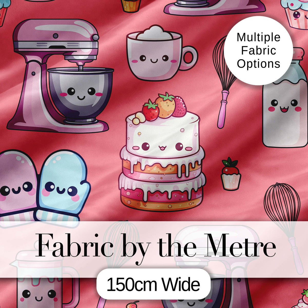 Cute Kawaii Baking Cake Mixer Coral Seamless Pattern Digital Print Fabric by the Metre UK Sewing Quilting Textile