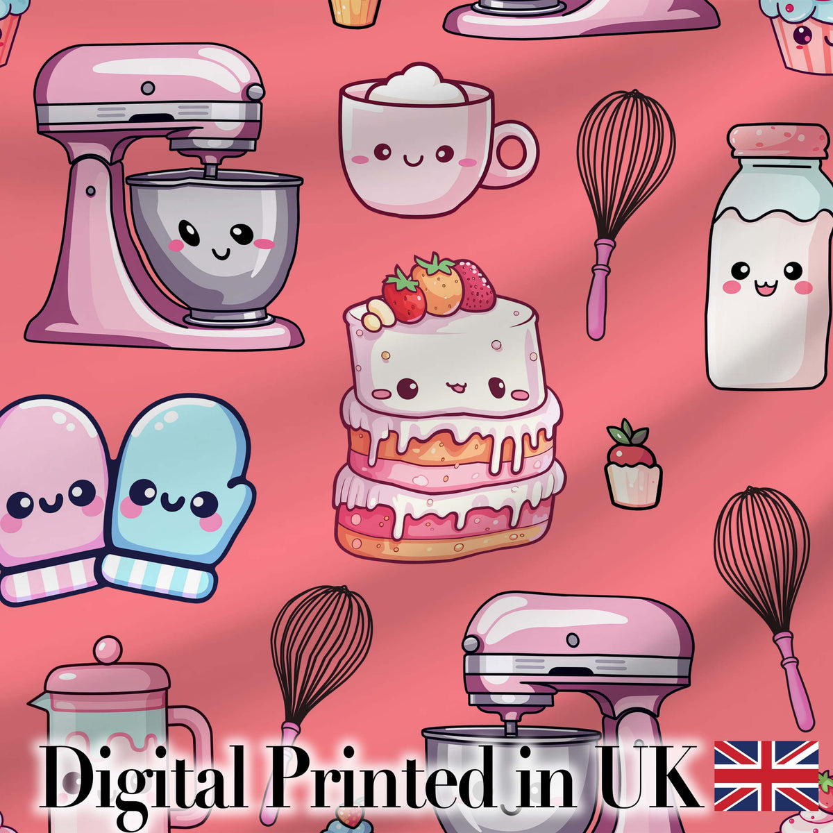 Cute Kawaii Baking Cake Mixer Coral Seamless Pattern Digital Print Fabric by the Metre UK Sewing Quilting Textile