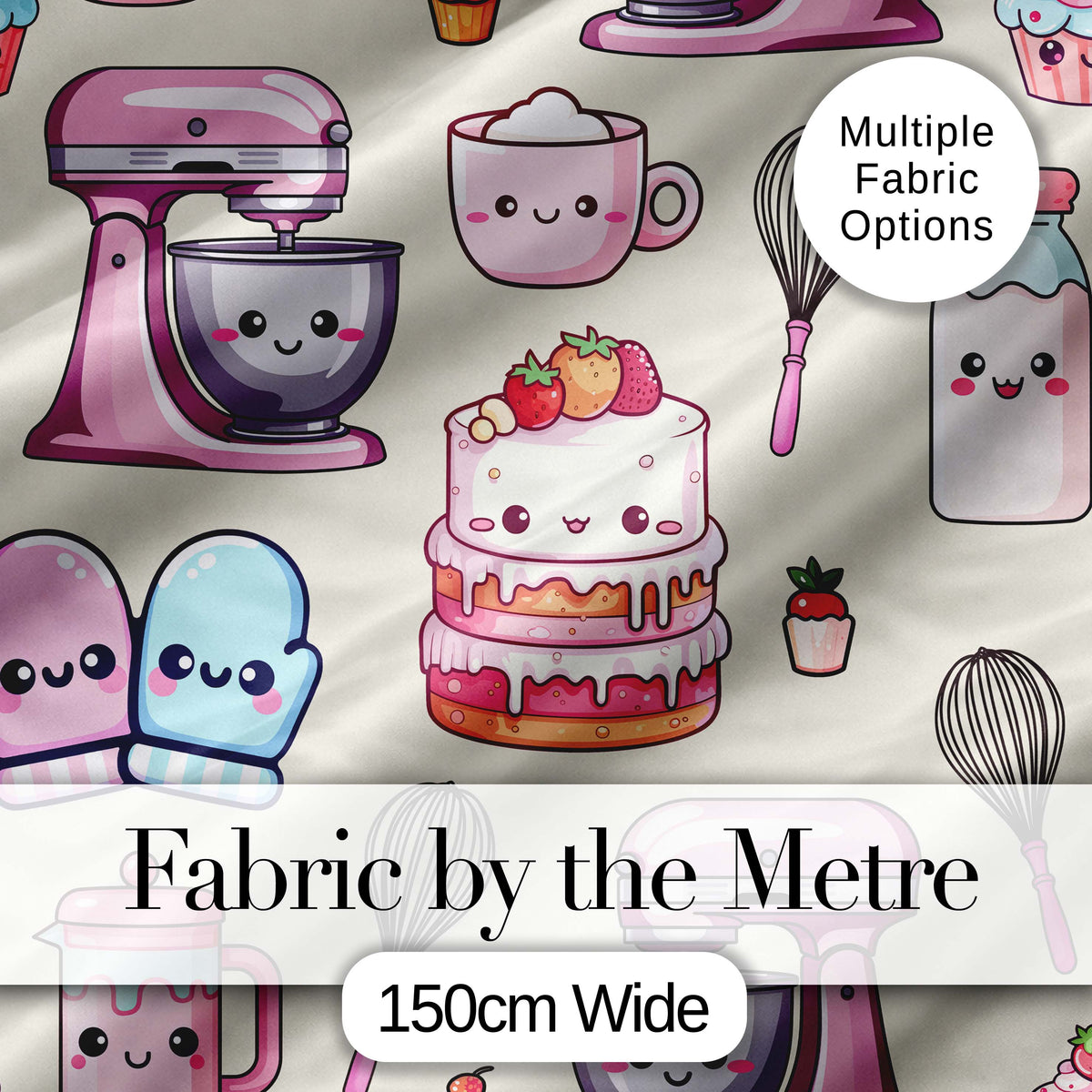 Cute Kawaii Baking Cake Mixer Cream Seamless Pattern Digital Print Fabric by the Metre UK Sewing Quilting Textile