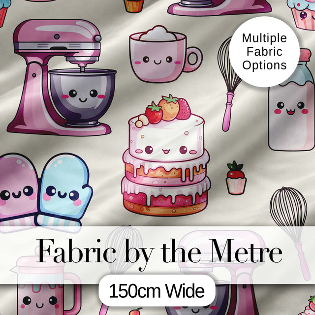 Cute Kawaii Baking Cake Mixer Cream Seamless Pattern Digital Print Fabric by the Metre UK Sewing Quilting Textile