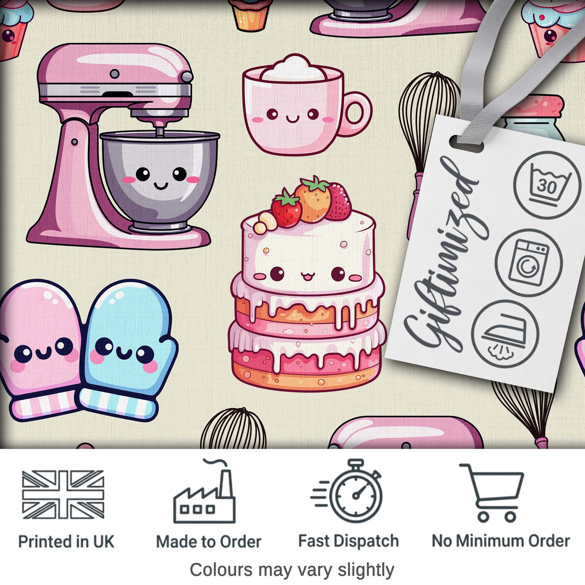 Cute Kawaii Baking Cake Mixer Cream Seamless Pattern Digital Print Fabric by the Metre UK Sewing Quilting Textile