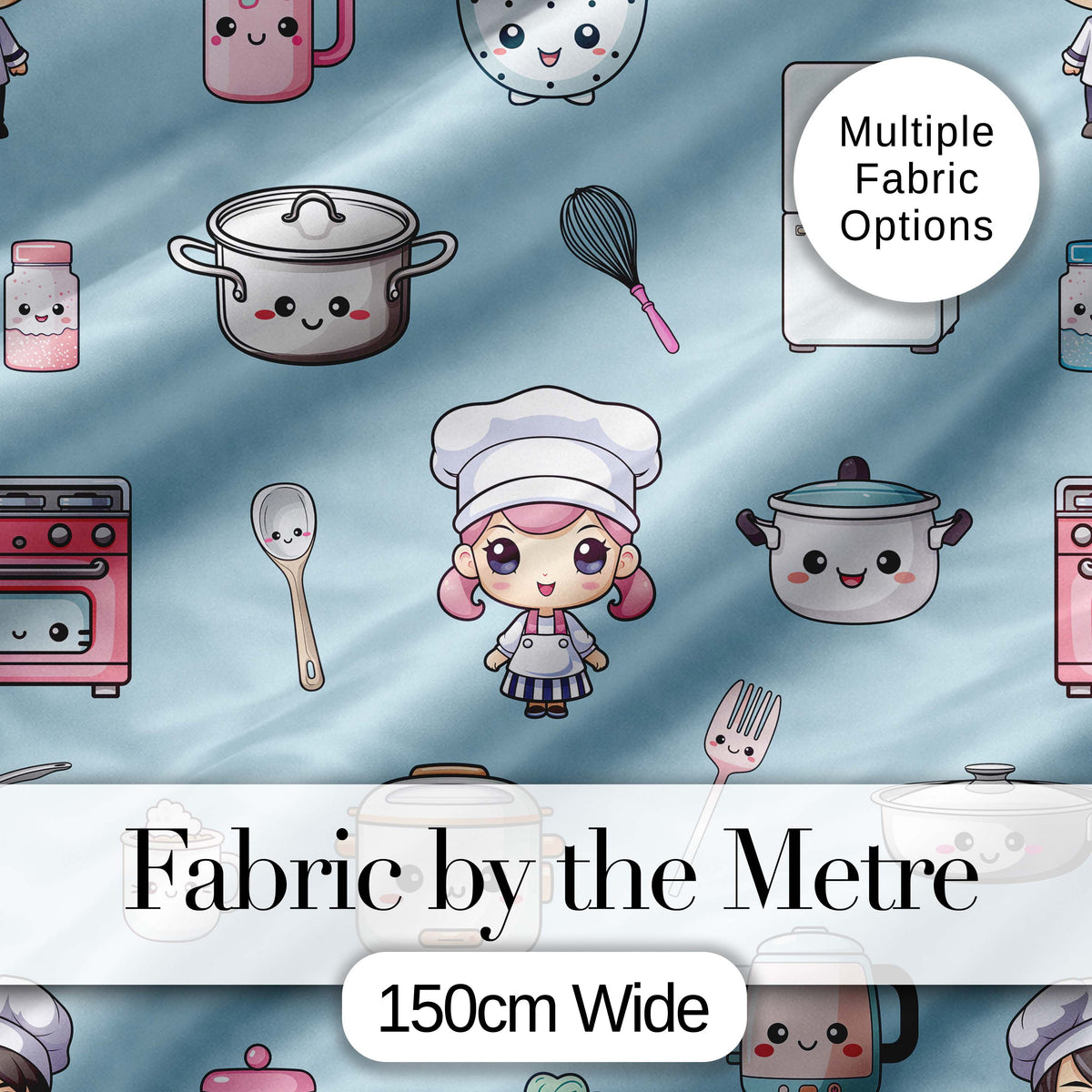 Cute Kawaii Chef Girl Kitchen Utensils Seamless Pattern Digital Print Fabric by the Metre UK Sewing Quilting Textile