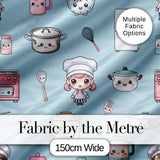 Cute Kawaii Chef Girl Kitchen Utensils Seamless Pattern Digital Print Fabric by the Metre UK Sewing Quilting Textile