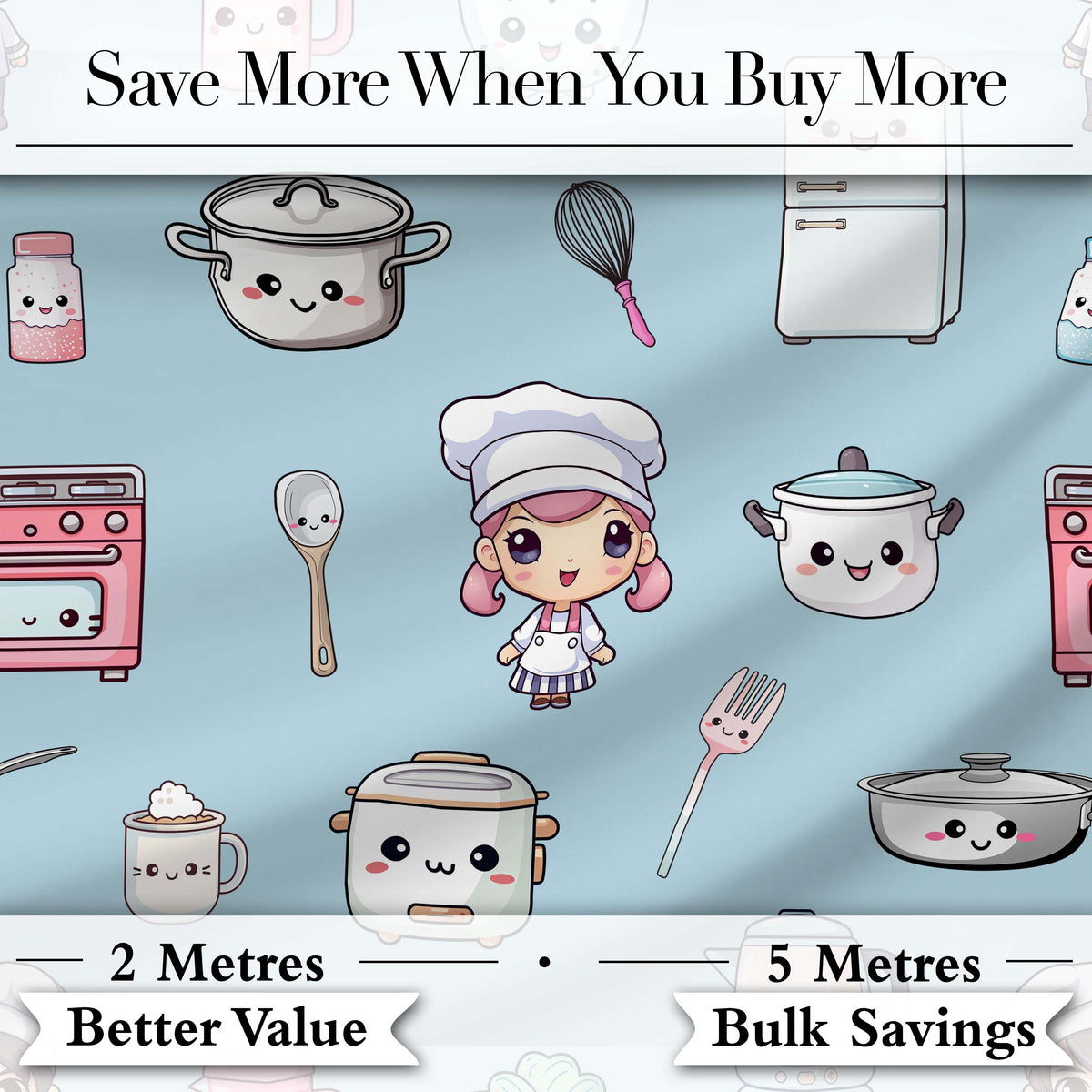 Cute Kawaii Chef Girl Kitchen Utensils Seamless Pattern Digital Print Fabric by the Metre UK Sewing Quilting Textile
