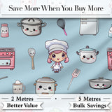 Cute Kawaii Chef Girl Kitchen Utensils Seamless Pattern Digital Print Fabric by the Metre UK Sewing Quilting Textile