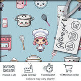 Cute Kawaii Chef Girl Kitchen Utensils Seamless Pattern Digital Print Fabric by the Metre UK Sewing Quilting Textile