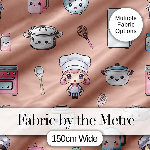 Cute Kawaii Chef Girl Peach Kitchen Utensils Seamless Pattern Digital Print Fabric by the Metre UK Sewing Quilting Textile