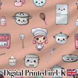 Cute Kawaii Chef Girl Peach Kitchen Utensils Seamless Pattern Digital Print Fabric by the Metre UK Sewing Quilting Textile