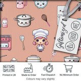 Cute Kawaii Chef Girl Peach Kitchen Utensils Seamless Pattern Digital Print Fabric by the Metre UK Sewing Quilting Textile