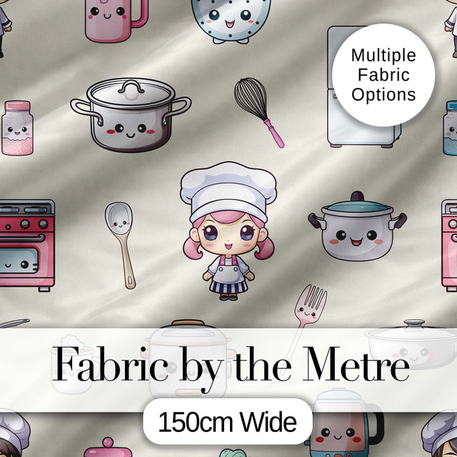 Cute Kawaii Chef Girl Beige Kitchen Utensils Seamless Pattern Digital Print Fabric by the Metre UK Sewing Quilting Textile