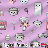 Cute Kawaii Chef Girl Purple Kitchen Utensils Seamless Pattern Digital Print Fabric by the Metre UK Sewing Quilting Textile