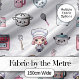 Cute Kawaii Chef Girl Kitchen Utensils Grey Background Seamless Pattern Digital Print Fabric by the Metre UK Sewing Quilting Textile