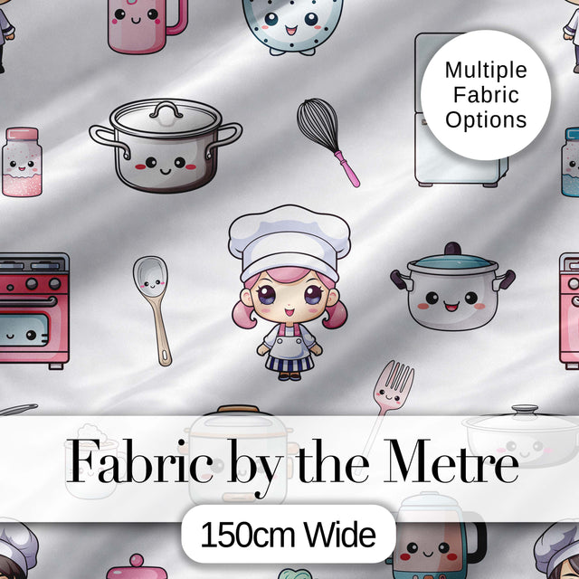 Cute Kawaii Chef Girl Kitchen Utensils Grey Background Seamless Pattern Digital Print Fabric by the Metre UK Sewing Quilting Textile