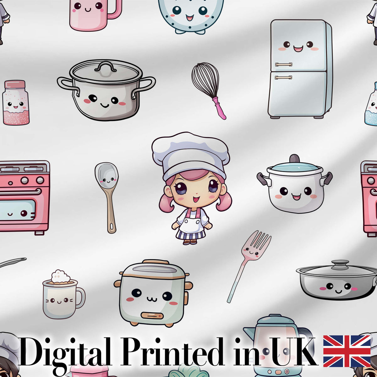 Cute Kawaii Chef Girl Kitchen Utensils Grey Background Seamless Pattern Digital Print Fabric by the Metre UK Sewing Quilting Textile