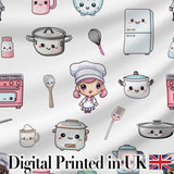 Cute Kawaii Chef Girl Kitchen Utensils Grey Background Seamless Pattern Digital Print Fabric by the Metre UK Sewing Quilting Textile
