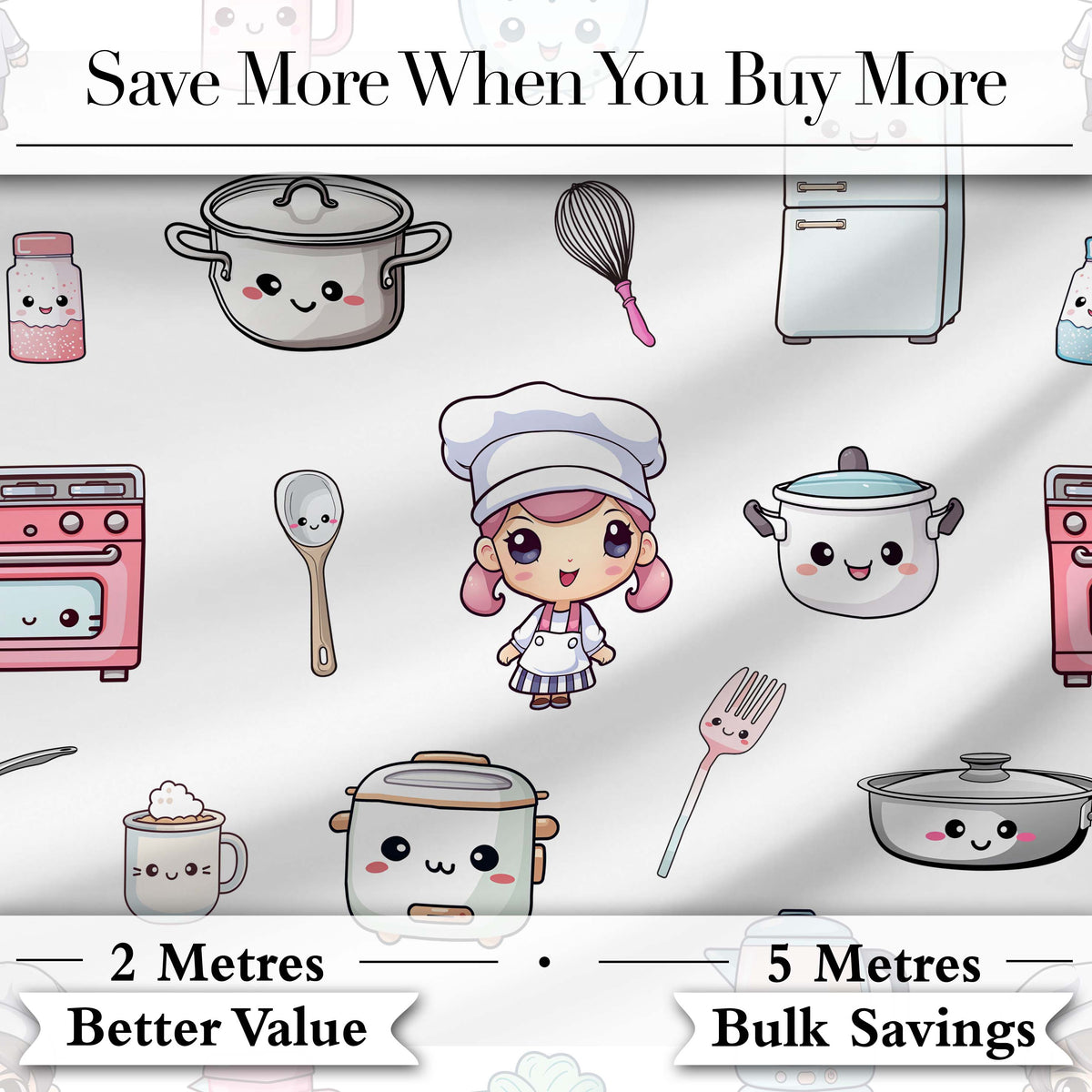 Cute Kawaii Chef Girl Kitchen Utensils Grey Background Seamless Pattern Digital Print Fabric by the Metre UK Sewing Quilting Textile