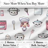 Cute Kawaii Chef Girl Kitchen Utensils Grey Background Seamless Pattern Digital Print Fabric by the Metre UK Sewing Quilting Textile