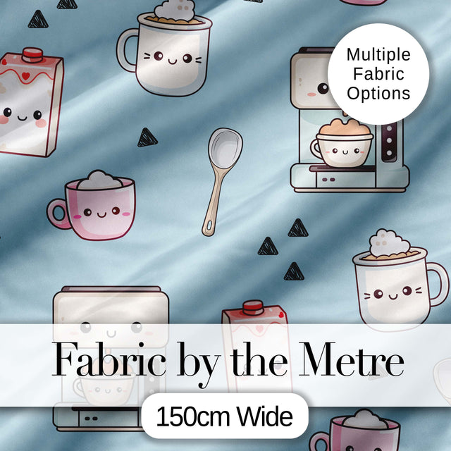 Cute Kawaii Coffee Maker Cups Milk Carton Seamless Pattern Digital Print Fabric by the Metre UK Sewing Quilting Textile