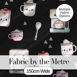 Cute Kawaii Coffee Maker Cups Milk Black Background Seamless Pattern Digital Print Fabric by the Metre UK Sewing Quilting Textile