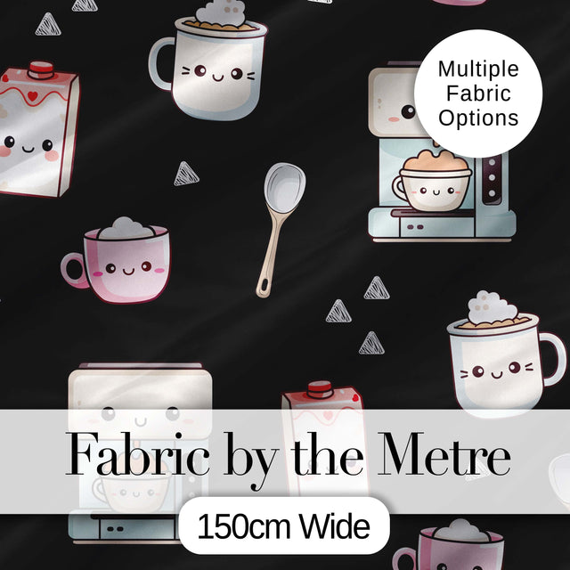 Cute Kawaii Coffee Maker Cups Milk Black Background Seamless Pattern Digital Print Fabric by the Metre UK Sewing Quilting Textile