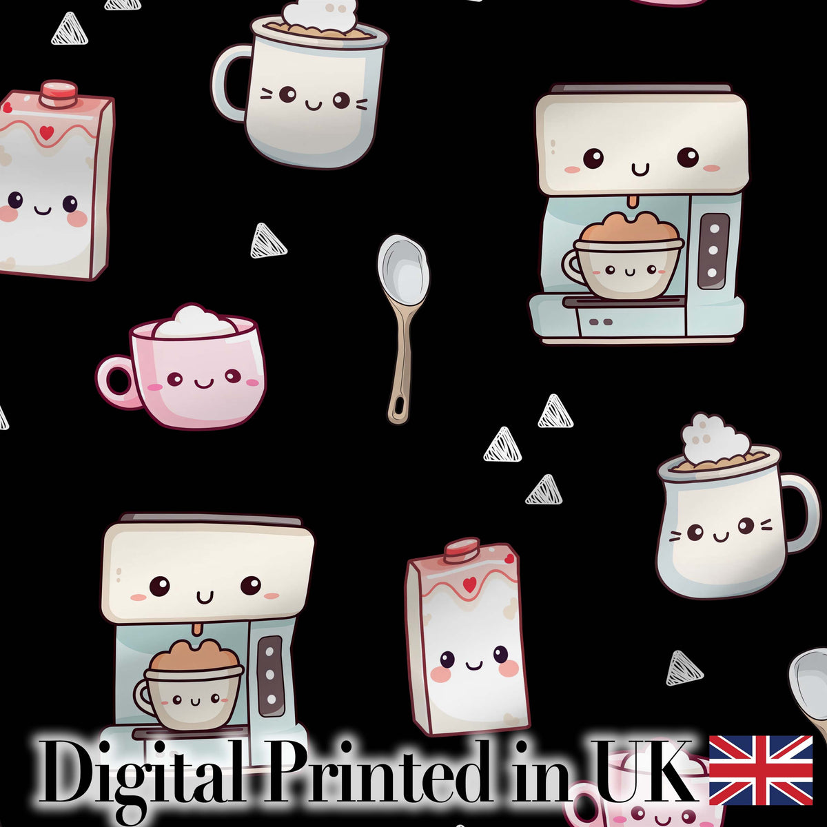 Cute Kawaii Coffee Maker Cups Milk Black Background Seamless Pattern Digital Print Fabric by the Metre UK Sewing Quilting Textile