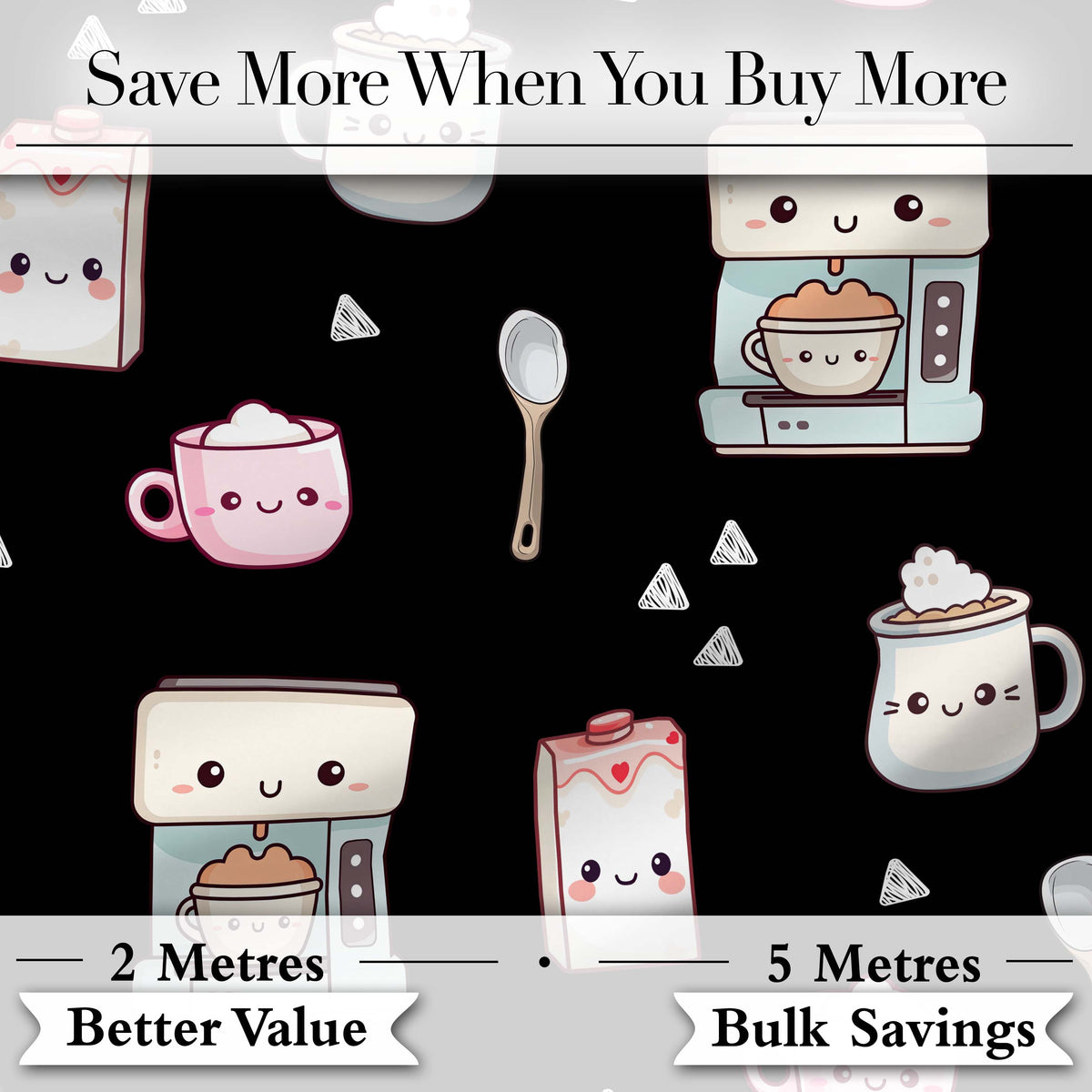 Cute Kawaii Coffee Maker Cups Milk Black Background Seamless Pattern Digital Print Fabric by the Metre UK Sewing Quilting Textile