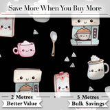 Cute Kawaii Coffee Maker Cups Milk Black Background Seamless Pattern Digital Print Fabric by the Metre UK Sewing Quilting Textile