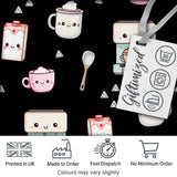 Cute Kawaii Coffee Maker Cups Milk Black Background Seamless Pattern Digital Print Fabric by the Metre UK Sewing Quilting Textile