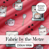 Cute Kawaii Coffee Maker Cups Milk Red Background Seamless Pattern Digital Print Fabric by the Metre UK Sewing Quilting Textile