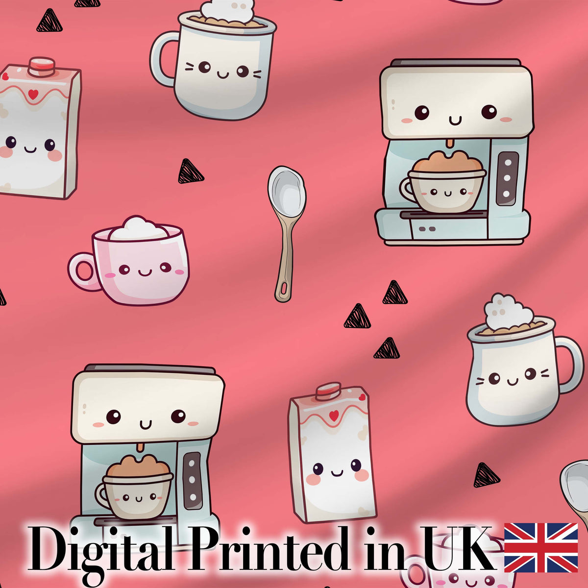 Cute Kawaii Coffee Maker Cups Milk Red Background Seamless Pattern Digital Print Fabric by the Metre UK Sewing Quilting Textile