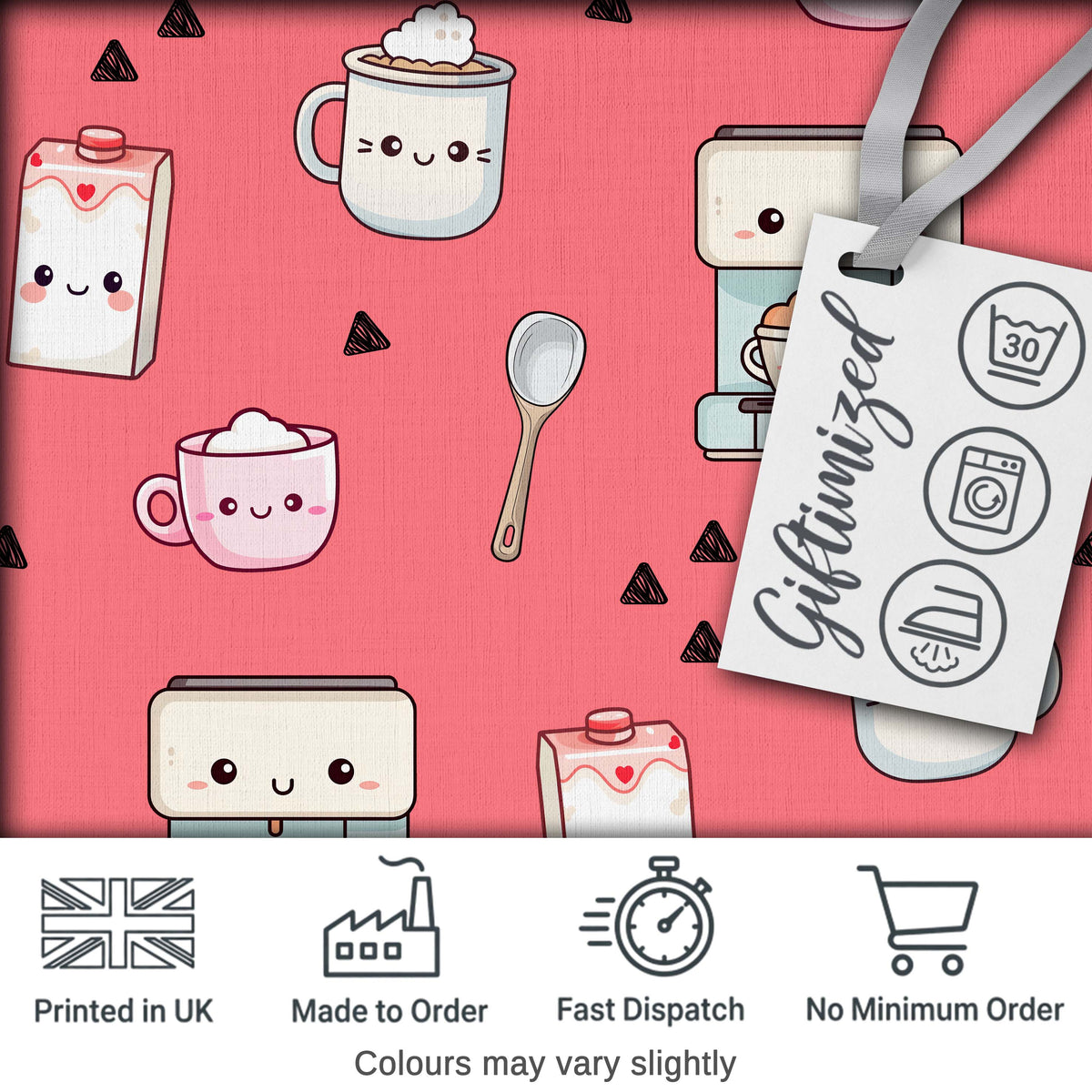 Cute Kawaii Coffee Maker Cups Milk Red Background Seamless Pattern Digital Print Fabric by the Metre UK Sewing Quilting Textile