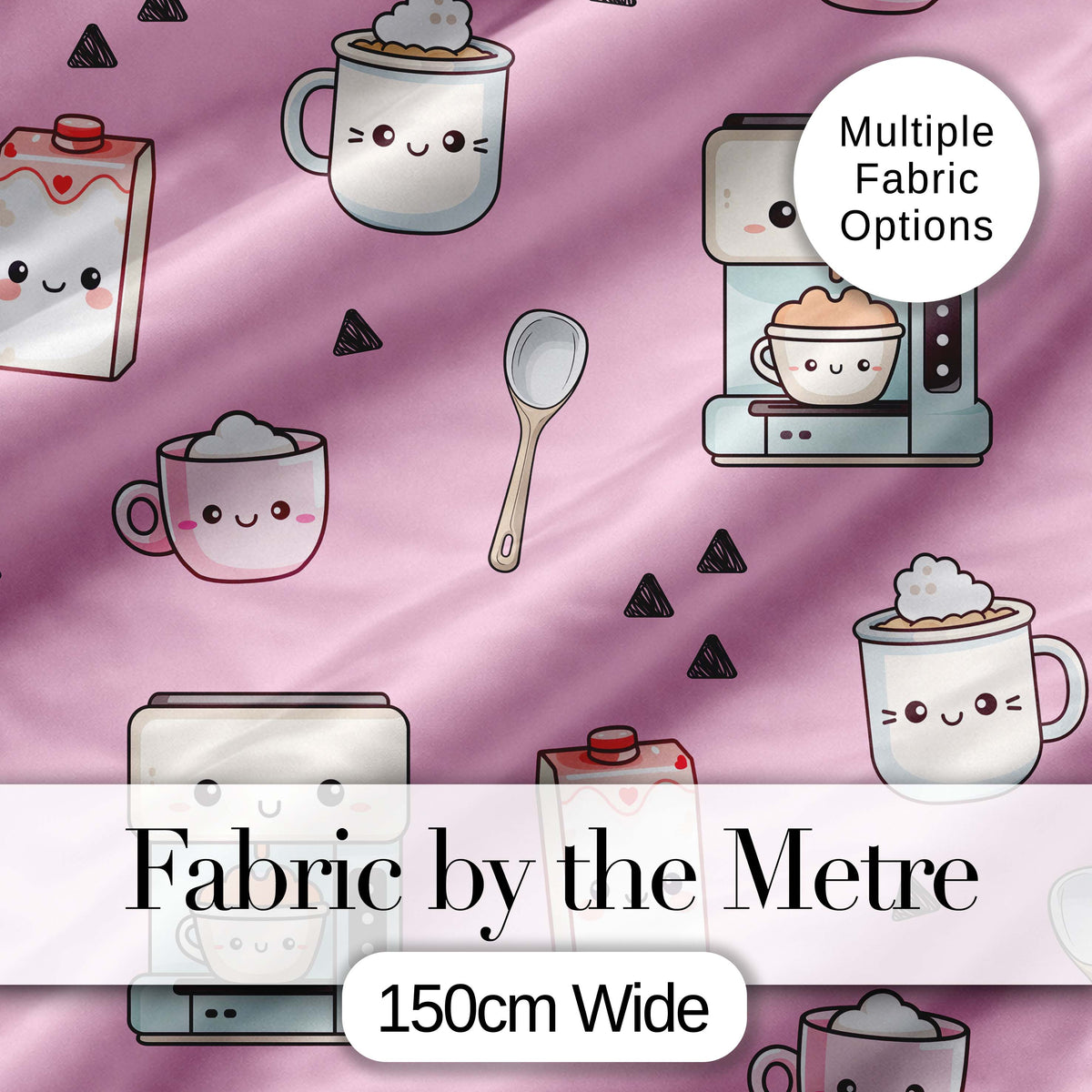 Cute Kawaii Coffee Maker Cups Milk Pink Background Seamless Pattern Digital Print Fabric by the Metre UK Sewing Quilting Textile